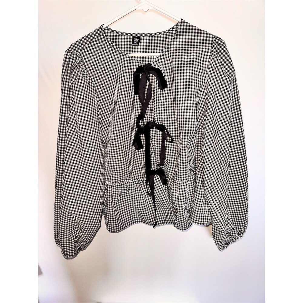 Curve Blouse Womens 3XL Black & White Gingham Tie Front Peplum Top
